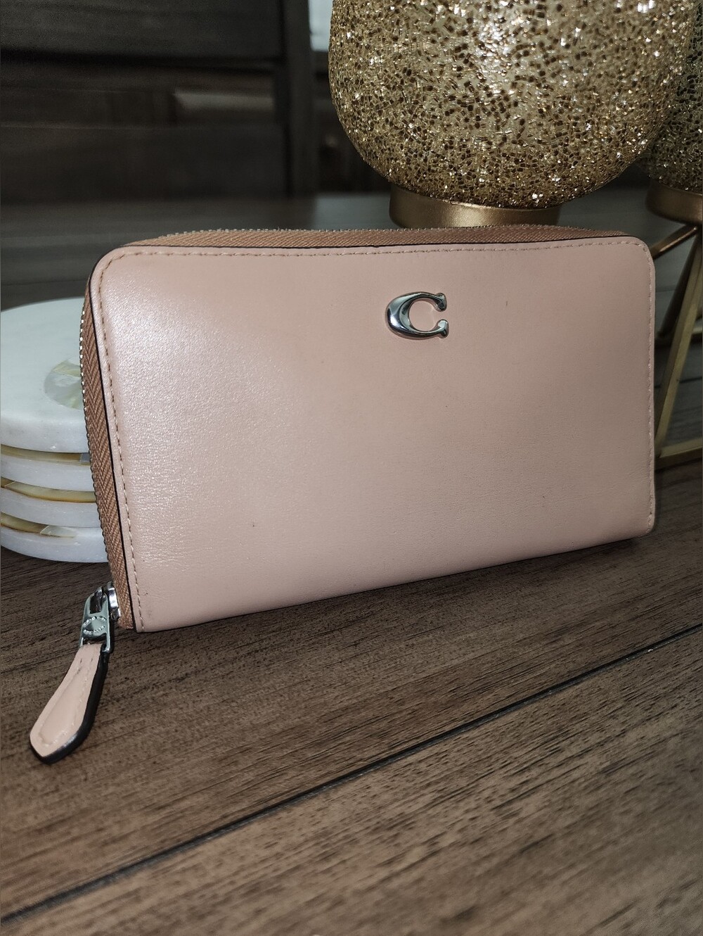 Coach Zip Around Leather Wallet in Nude Tan